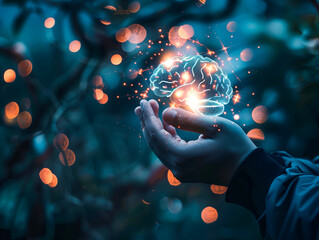 Businessman holding a brain icon with an office background, in the style of a digital twin concept of human interface technology for creative thinking and intelligence. A business manager or employee 