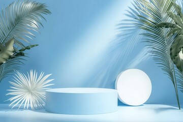 Fototapeta premium Serene Blue Minimalist Background with Palm Leaves, Podiums, and Geometric Shapes for Product Display in Fresh Atmosphere
