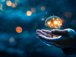 Businessman holding a brain icon with an office background, in the style of a digital twin concept of human interface technology for creative thinking and intelligence. A business manager or employee 