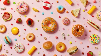 Fast food items placed in a geometric arrangement on a pastel background