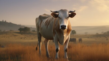 In the midst of a beautiful landscape, a cow is peacefully standing in the grassy field, curiously looking directly at the camera
