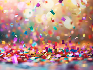 Multicolored Confetti Falling on a Shiny Surface