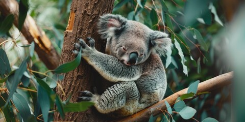 Adorable fluffy koala relaxing on an evergreen tree branch in the zoo