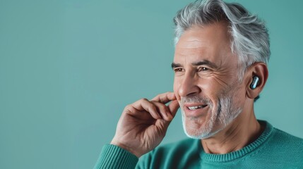 portrait of an elderly beautiful smiling man with a hearing aid on a blue background with space for text