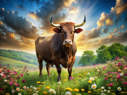 Majestic bull stands strong in lush, vibrant green fields, surrounded by blooming flowers, embodying stability and earthy charm of the Taurus zodiac sign.