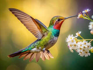 Fototapeta premium Vibrant hummingbird with iridescent feathers sips nectar from delicate white blooms, suspended in mid-air on a crystal-clear transparent background, exuding serenity and innocence.