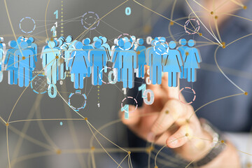holding 3D rendering group of blue people