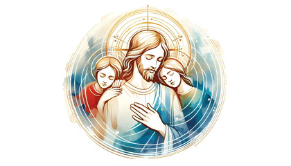 Jesus is a friend to young people, Jesus talking to youth. offering them support and guidance.Watercolor illustration on textured paper.
