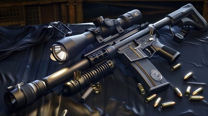 Black AR-15 Style Rifle with Scope and Flashlight on Black Leather Surface with Ammunition