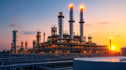 A stunning industrial complex at sunset, featuring smokestacks and lights, representing energy production and modern technology.