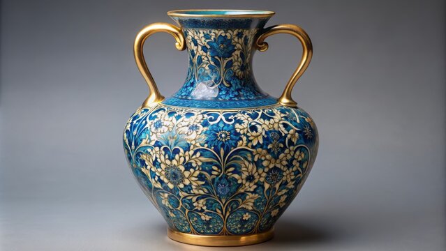 Ornate blue and gold ceramic vase with intricate floral pattern and delicate curved handle against neutral gray background highlighting its luxurious elegance.