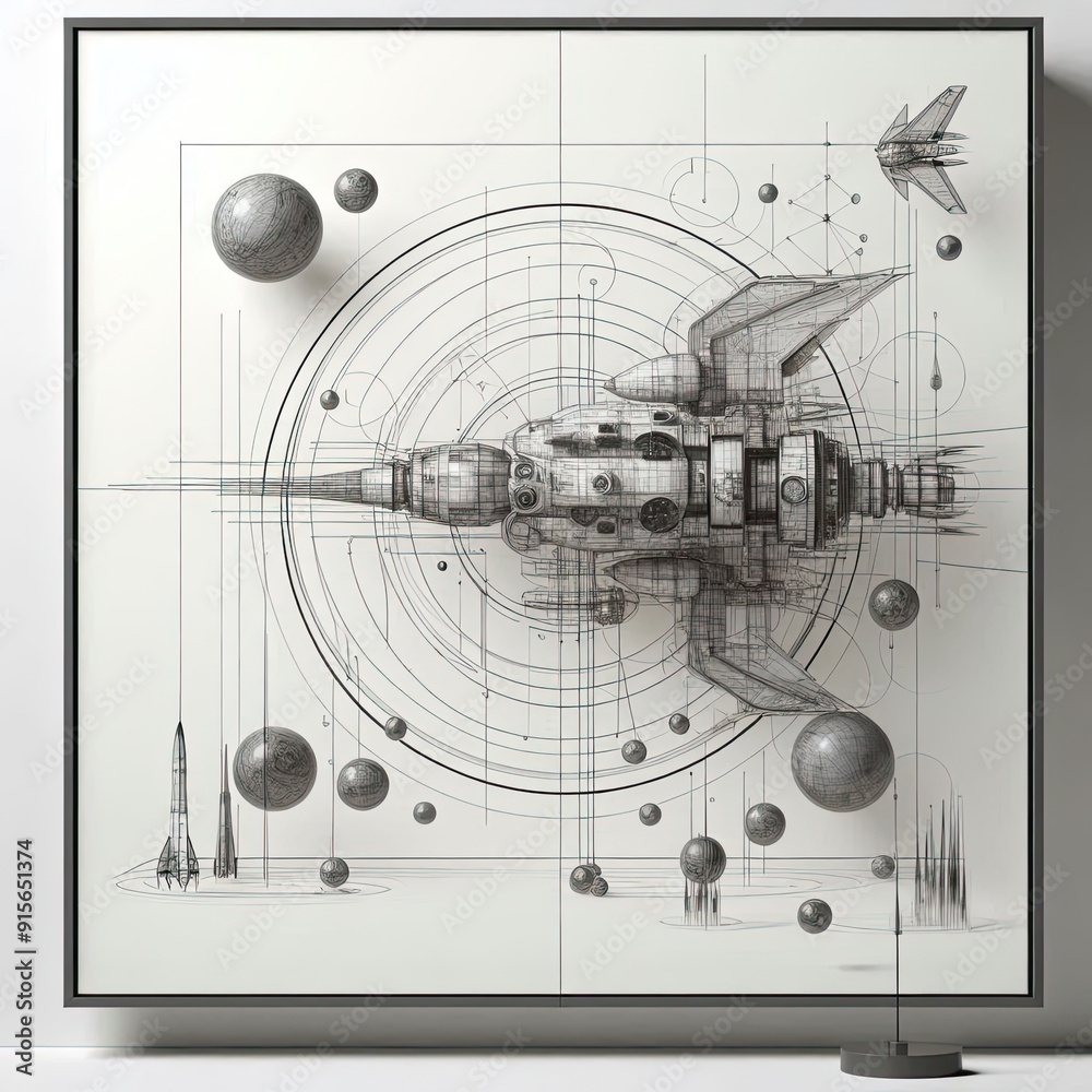 Fototapete minimal modern and avant garde space craft sketches on a white background, 16:9. 3d rendering. ai ge