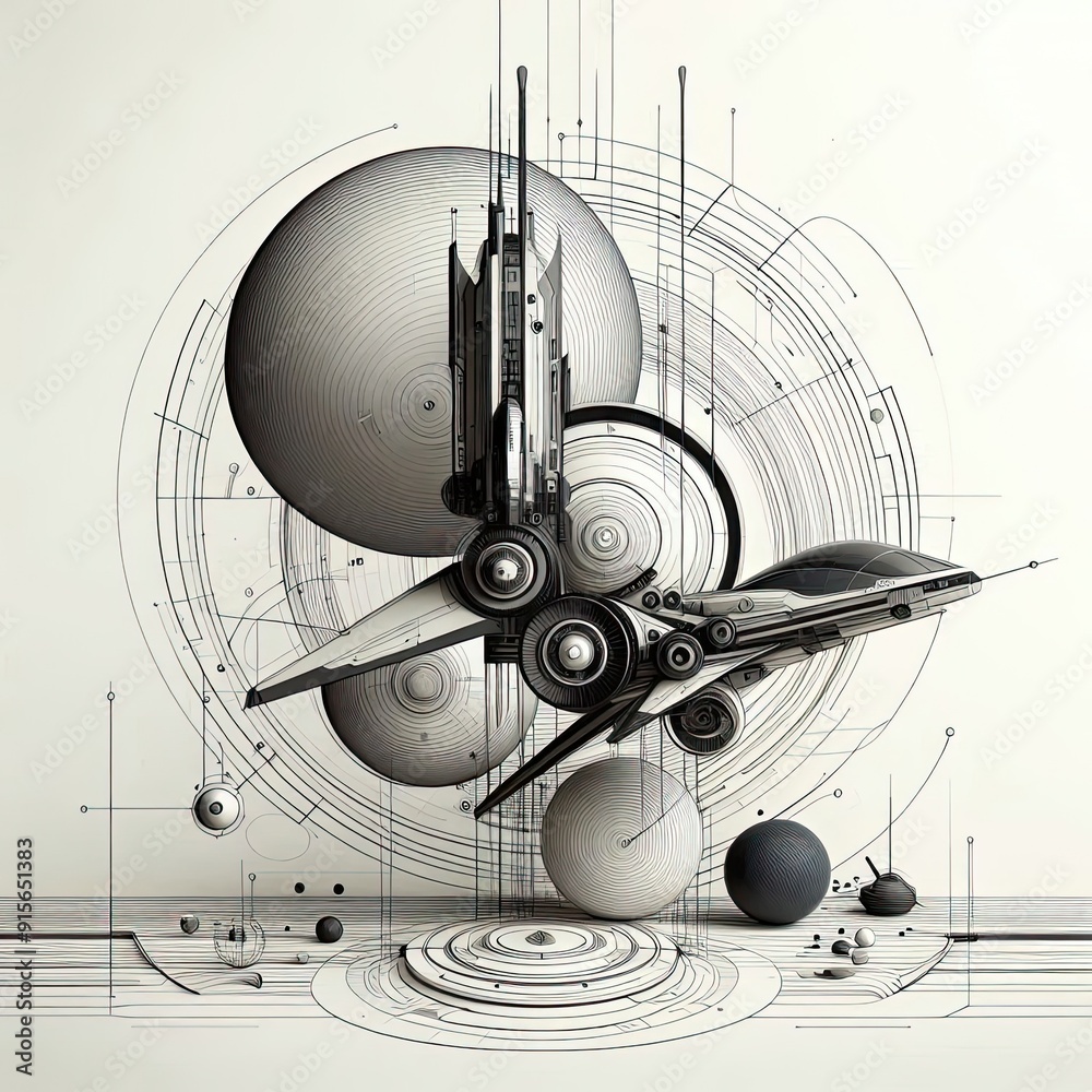 Fototapete minimal modern and avant garde space craft sketches on a white background, 16:9. 3D Rendering. AI generated