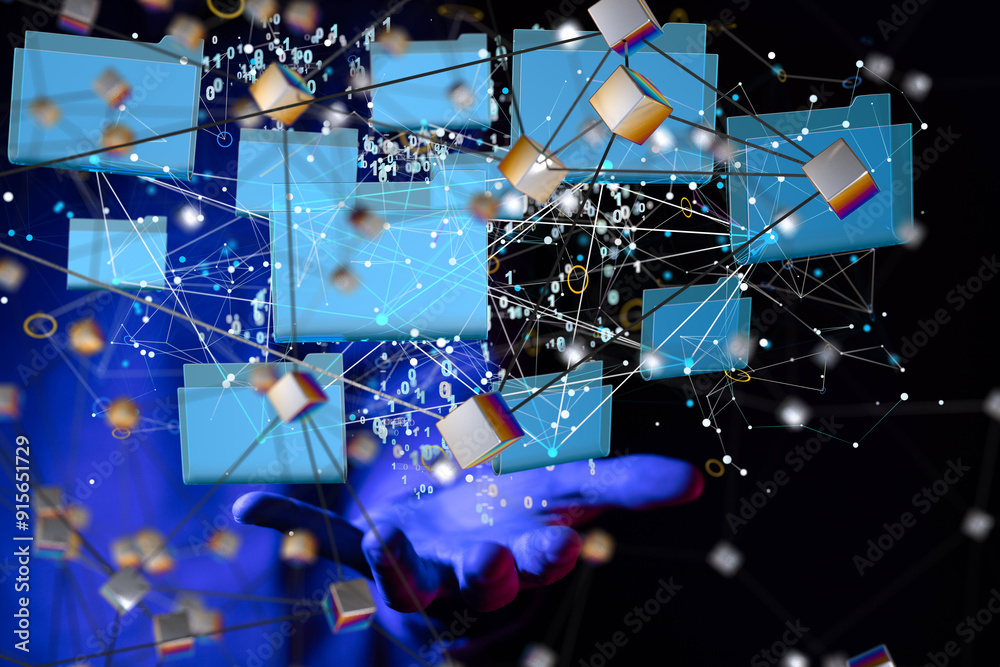 Poster Data cloud storage network from lines, triangles and particle style design.