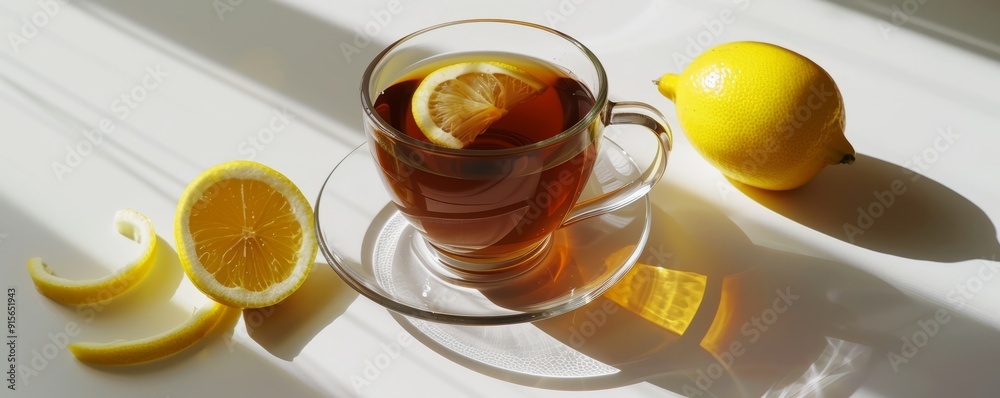 Wall mural freshly brewed cup of black tea with lemon on white background, 4k hyperrealistic photo