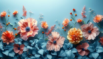 Light pastel floral background with 3D elements, creating a delicate border with assorted flowers and copy space