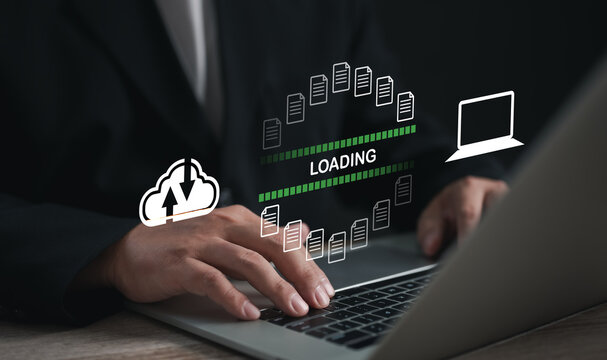 Encryption with file transfer concept : Business man use laptop for remote and download or upload folder document picture by internet connection with full access to remote files..	