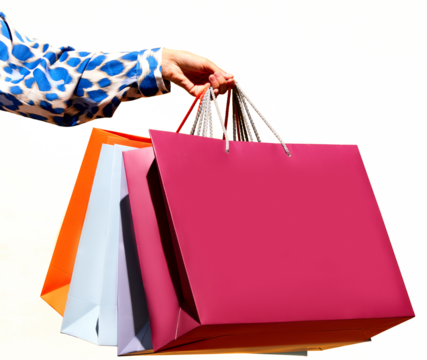 Sale offer. Black Friday. Shopping discount. Closeup of lady's hand holding purchase colorful bags against transparent background. Concept of fashion, shopaholic, shop, presents. copy space. ad