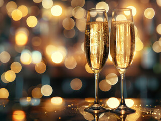 Two Champagne Flutes with Golden Bokeh Background