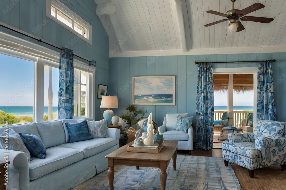 Wall mural Coastal beach house living room with light blue interior, sea-themed decor