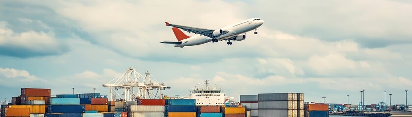 Fototapeta na wymiar Aircraft flying over port with shipping containers and vessel, multimodal logistics, international freight