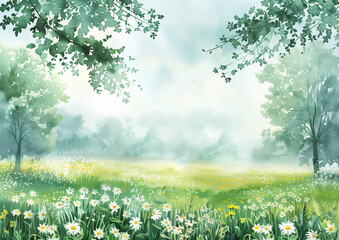 Obraz premium Serene meadow with blooming wildflowers.