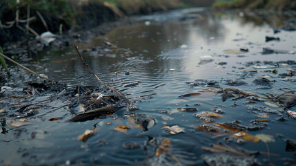 Obraz premium Polluted River with Floating Waste and Chemical Slicks