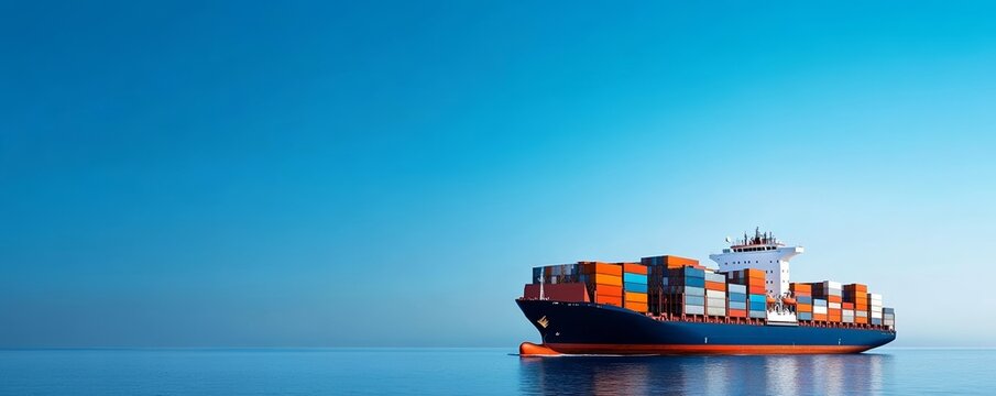 Large container ship navigating calm blue ocean, maritime transport, global shipping
