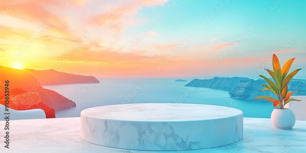 Sticker White Marble Platform Against Sunset Over Sea Cliffs