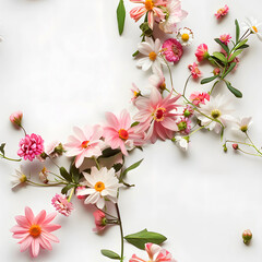 Seamless Realistic Bouquet of Spring and Summer Colorful Flowers with Border Patterns on a White Background.  Abstract Floral 3d Landscape Wall Sticker. HD Seamless Flower Wallpaper