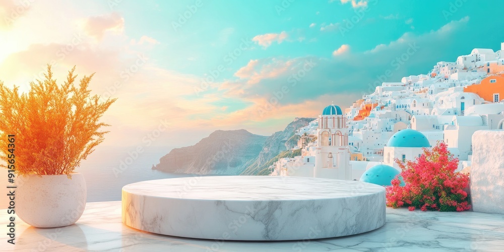 Wall mural White Marble Platform Against a Greek Island Sunset