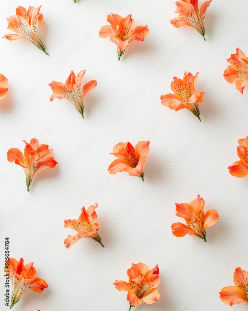 Poster evenly spaced red alstroemerias on soft white background, casting soft shadows in bright, calm compo