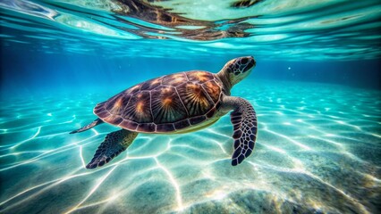 Majestic black and white turtle swims alone in serene turquoise water, its shell glistening with subtle pattern, surrounded by gentle ripples and soft ocean currents.
