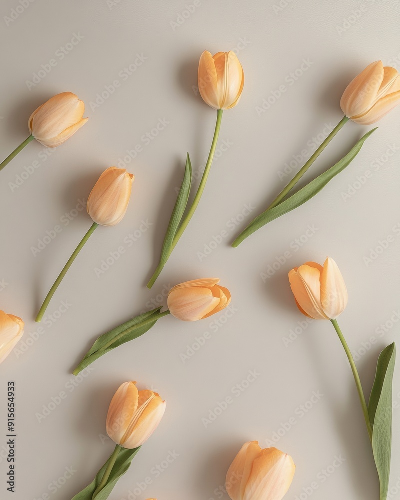Poster bright orange tulips on soft gray background with repetition and depth in clean, simple composition 