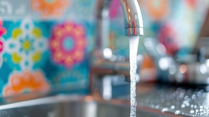 Water Flowing From Kitchen Faucet Over Colorful Tile Backsplash in Brightly Decorated Kitchen