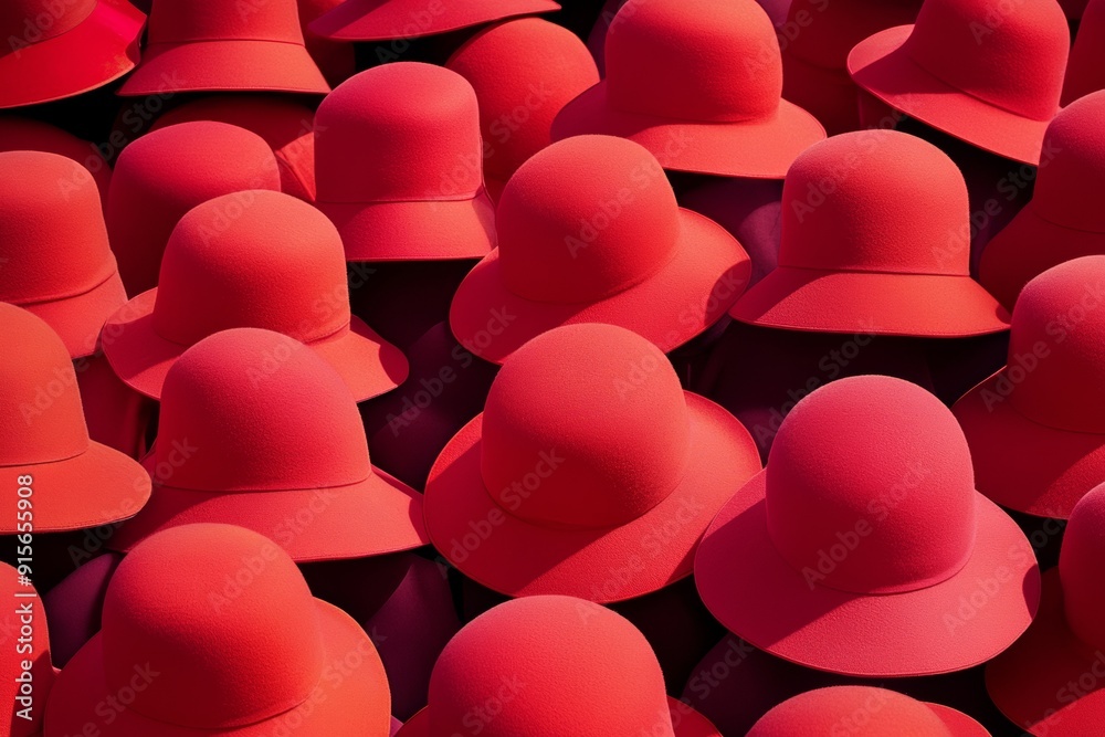 Aufkleber Aerial View of Bright Red Hats in Precise Symmetrical Pattern with Geometric Background Textures, Soft Natural Lighting, and Subtle Shadows