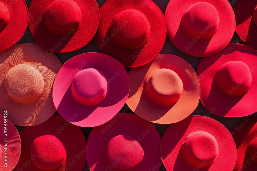 Poster aerial view of bright red hats in symmetrical geometric pattern, enhancing texture and detail with s