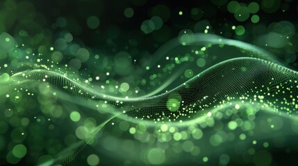 Green Digital Waves with Glowing Particles.