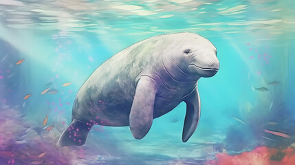 Obraz premium Manatee under at sea watercolor style
