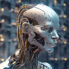 Fototapeta premium Close-up of a futuristic robot's head with intricate details of its metallic and mechanical components.