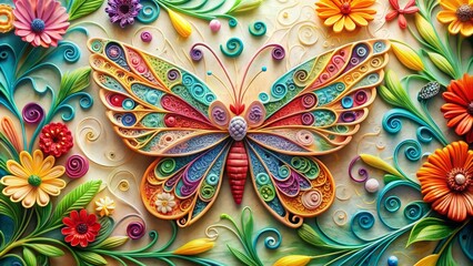 Intricately crafted paper quilling art depicts a delicate butterfly perched on a vibrant floral background, surrounded by swirling patterns and majestic watercolor hues.