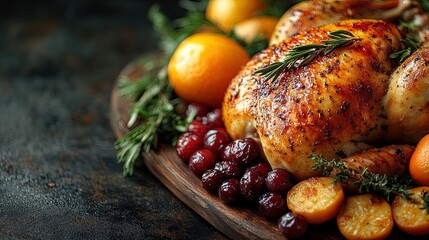 Roasted turkey garnished with rosemary and fruits lying on wooden board