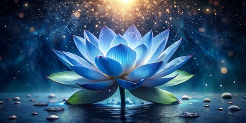 Serene blue lotus flower petals unfolding from center, dew-kissed water droplets glisten on velvet dark background, symbolizing spiritual growth and rebirth in nature.