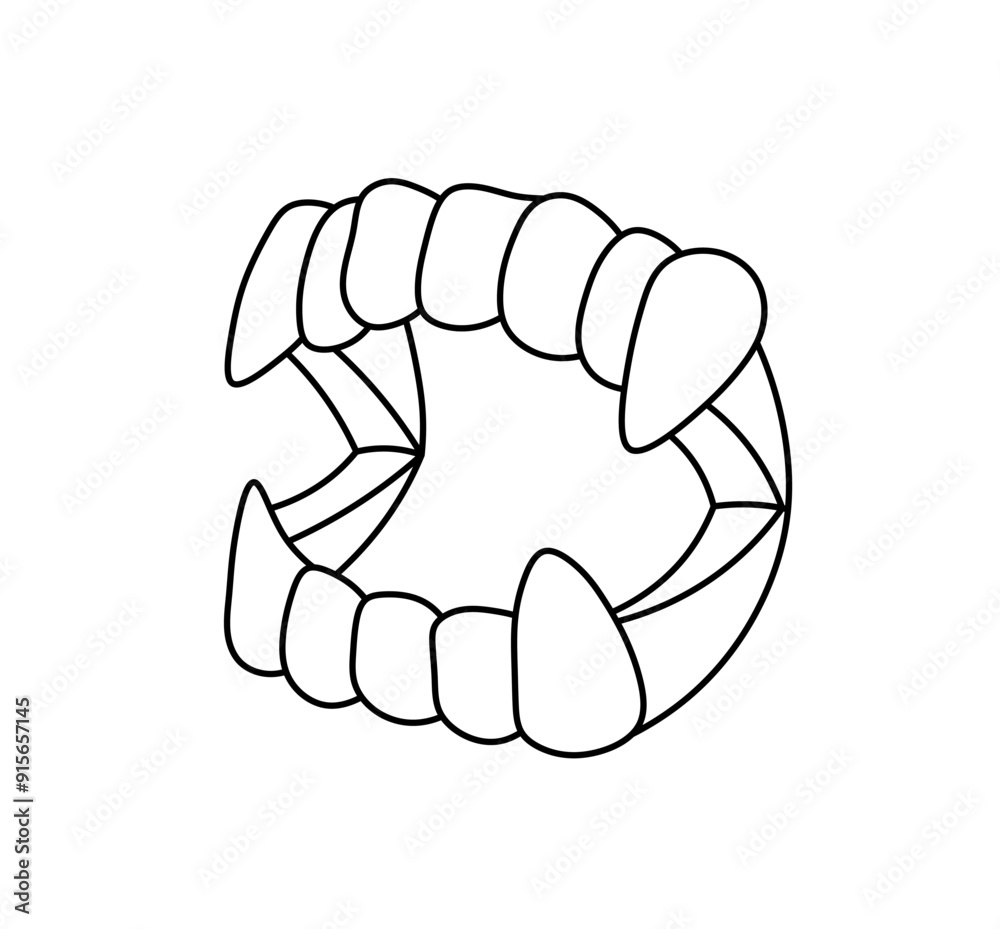 Wall mural vector isolated simple minimal false teeth with vampire fangs dracula colorless black and white cont
