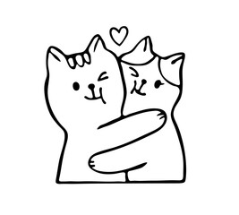 Vector isolated two cute cartoon cats hug love colorless black and white contour line easy drawing