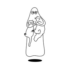 Vector isolated ghost with cats colorless black and white contour line easy drawing