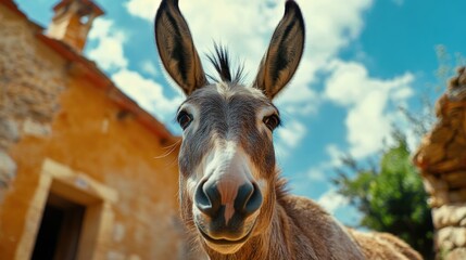 Fototapeta premium A donkey stands in front of a stone building, with no context or additional information