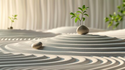 Serene Minimalist Zen Garden with Green Plant and Animal Figurine at Sunset - Calm and Balanced Atmosphere