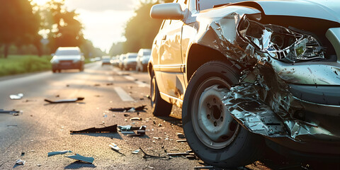 Sunny Day Car Collision: Close-Up of Silver Car's Damaged Hood and Blurred Street Background