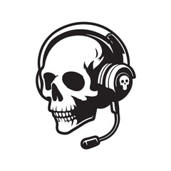 Skull in headphones illustration. Headset on character head